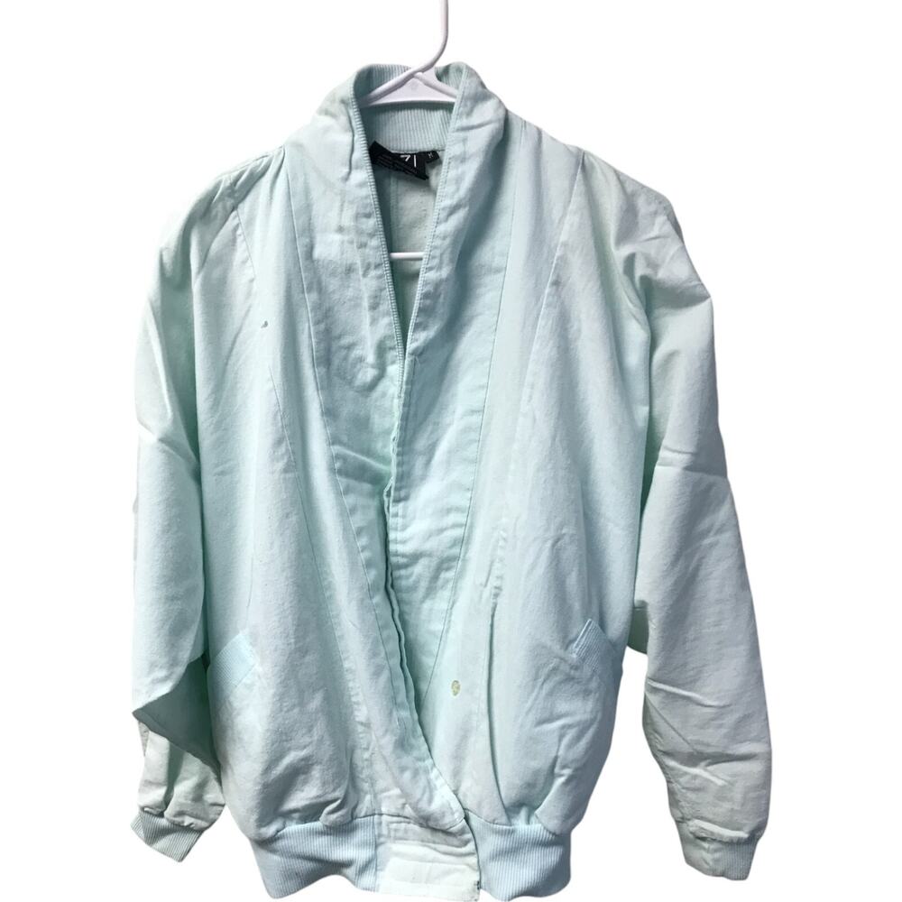UZZI Vintage Bomber Jacket Womens M Light Blue Pocket Long Sleeve Cotton Blend